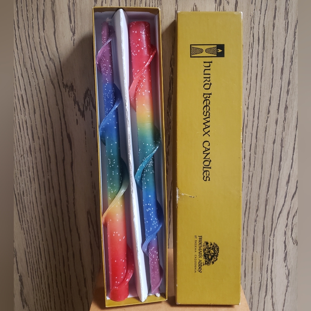 VTG Hurd Beeswax Candles RAINBOW Spiral Tapers, Box Freemark Abbey St Helena CA